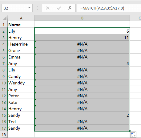 使用公式显示两个重复值之间的行数差异