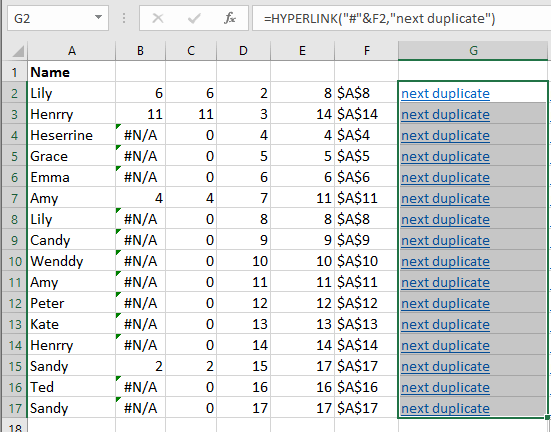 使用公式创建指向相关值下一个重复项的超链接。