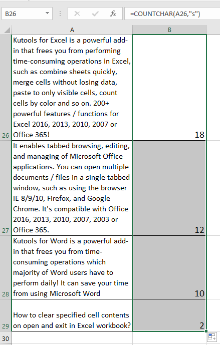 应用 Kutools 统计特定字符的数量
