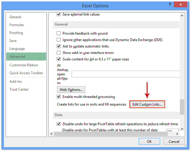 从高级部分单击“编辑自定义列表”按钮