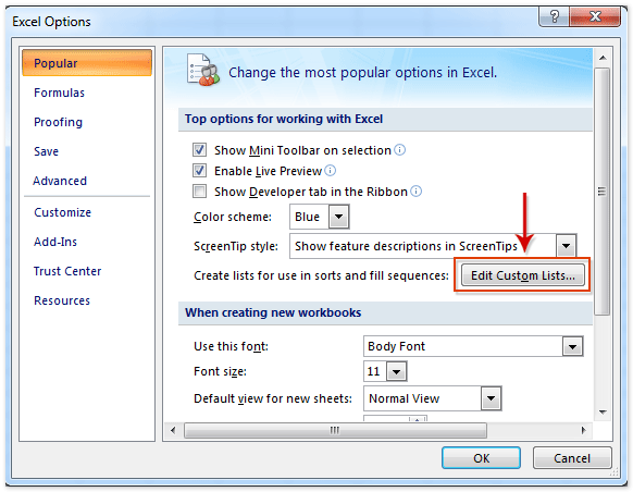 从常用部分单击“编辑自定义列表”按钮